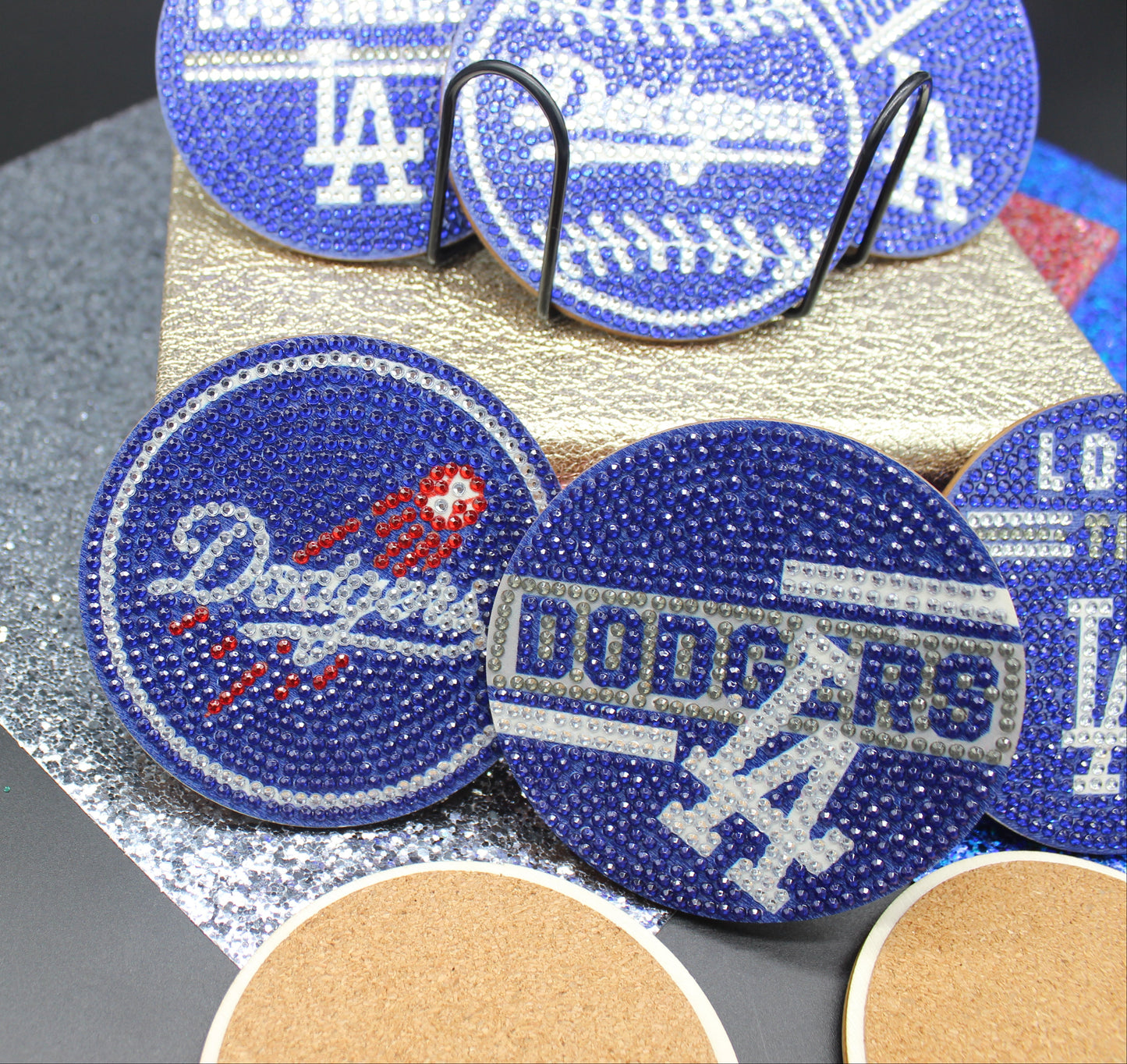MLB National League World Champion LA Dodgers Diamond Art Coaster Set (8) Pieces and Wire Stand