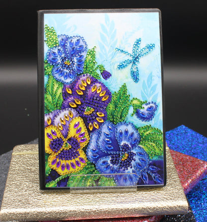 Diamond Art Journal with Beautiful Yellow and Purple Flowers and a Small Dragonfly
