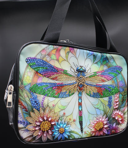 Clear Diamond Art Handbag with a Captivating Oversized Multicolor Dragonfly Design