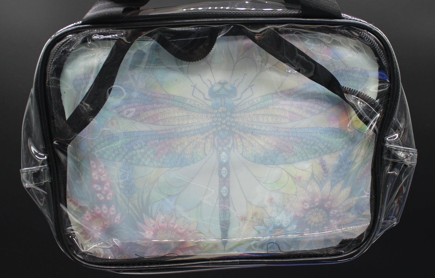 Clear Diamond Art Handbag with a Captivating Oversized Multicolor Dragonfly Design