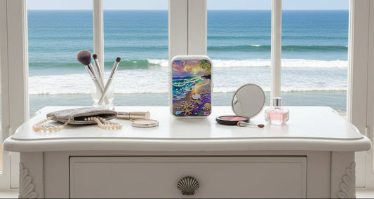 Portable Diamond Art Jewelry Storage Box with a serene coastal scene with vibrant sunset hues