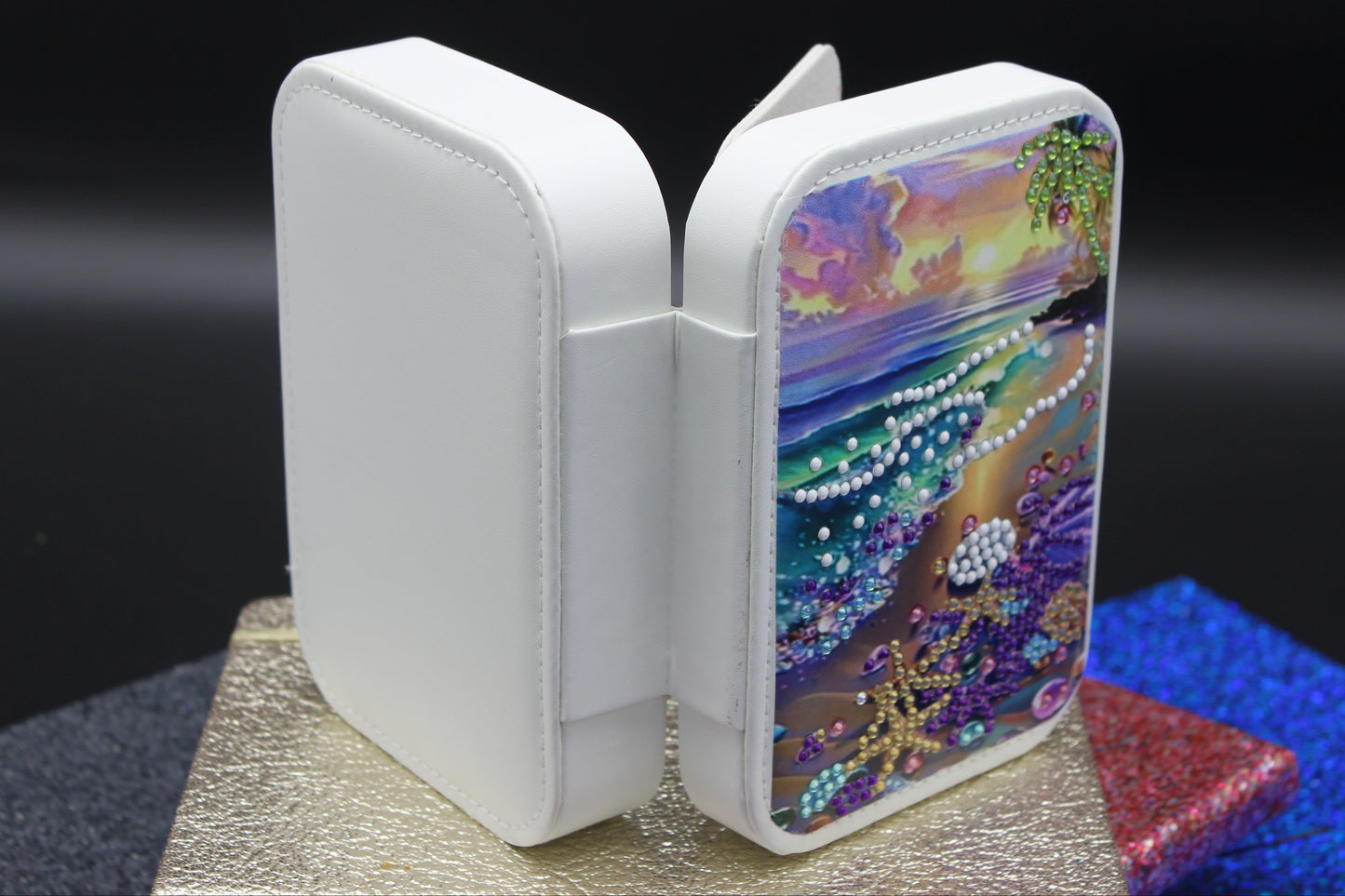 Portable Diamond Art Jewelry Storage Box with a serene coastal scene with vibrant sunset hues