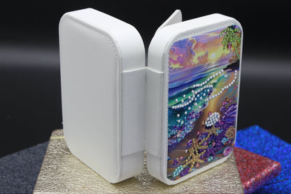 Portable Diamond Art Jewelry Storage Box with a serene coastal scene with vibrant sunset hues