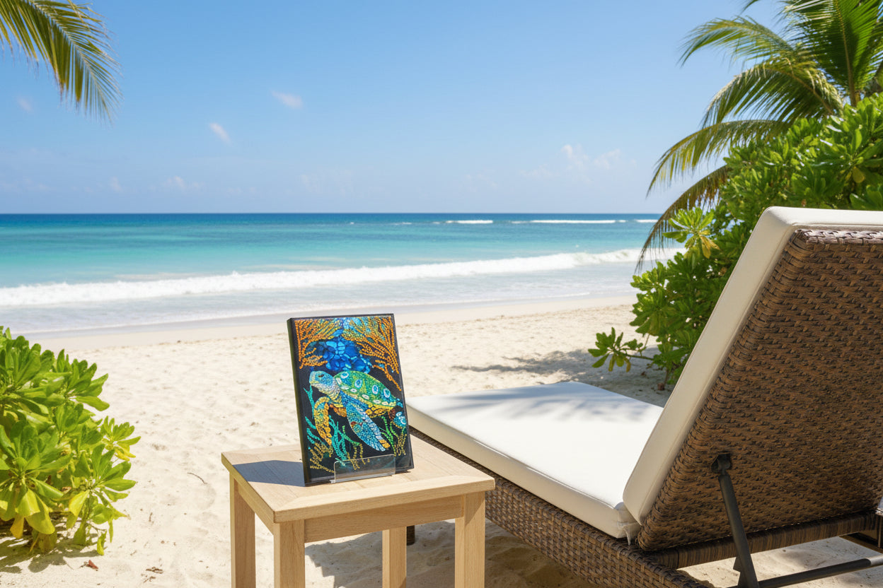 A rectangular acrylic art piece featuring a colorful sea turtle and coral reef, displayed on a small clear stand atop stacked glittery sample boards against a dark studio background.