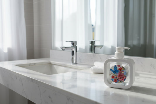 Diamond Art White Soap or Lotion Dispenser with a Red Flower and Butterfly