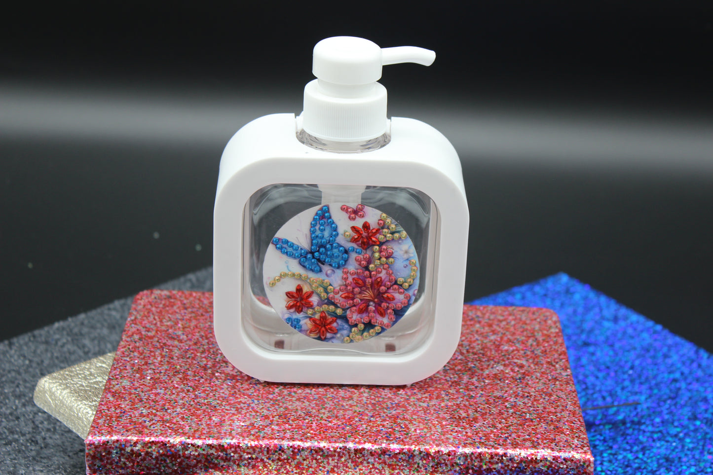 Diamond Art White Soap or Lotion Dispenser with a Red Flower and Butterfly