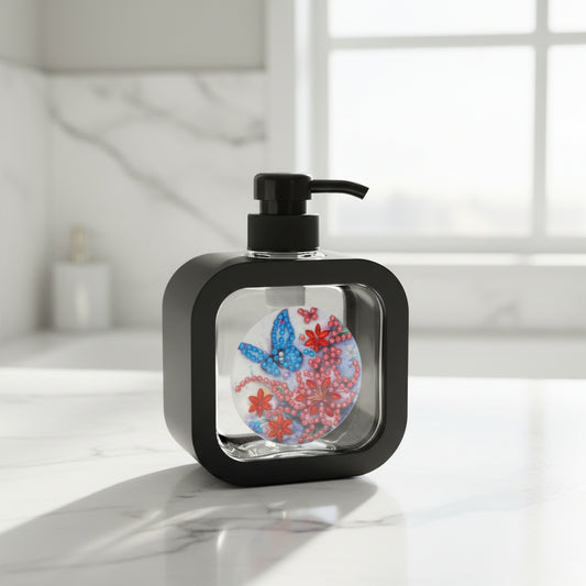 Diamond Art Black Soap or Lotion Dispenser with a Red Flower and Butterfly
