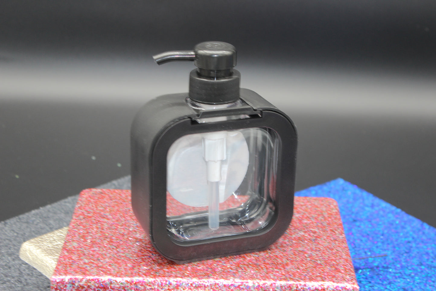 Diamond Art Black Soap or Lotion Dispenser with a Red Flower and Butterfly