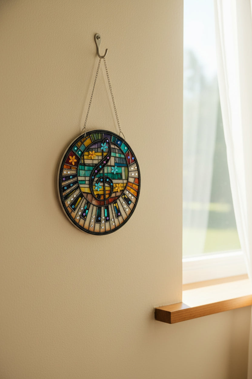 Beautifully Colored Hanging Diamond Art Suncatcher Music Note on Piano Keys