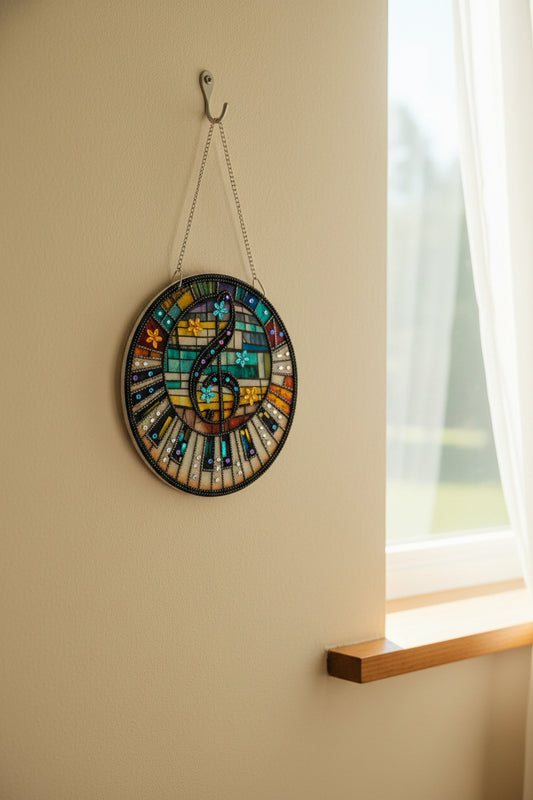 Beautifully Colored Hanging Diamond Art Suncatcher Music Note on Piano Keys