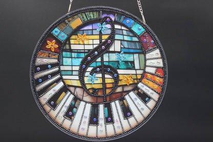 Beautifully Colored Hanging Diamond Art Suncatcher Music Note on Piano Keys