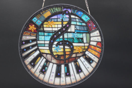 Beautifully Colored Hanging Diamond Art Suncatcher Music Note on Piano Keys