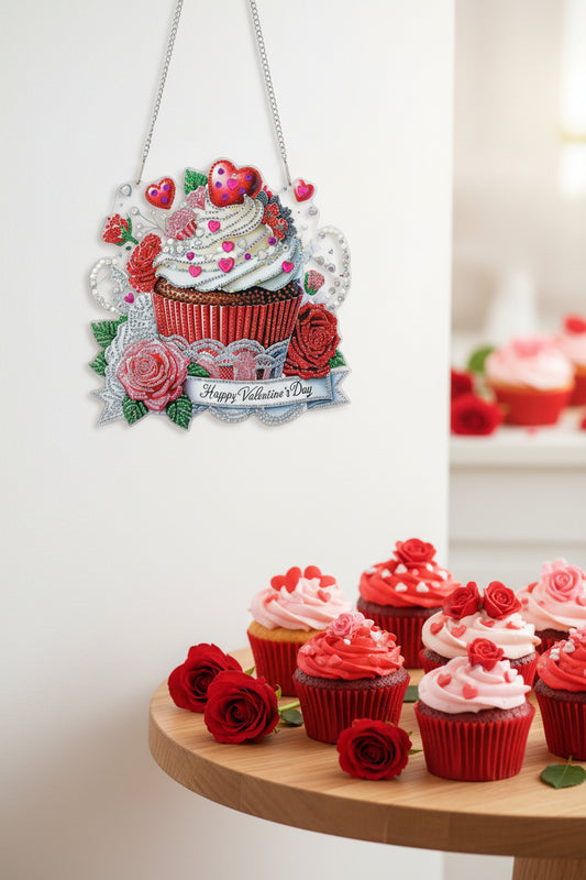 A Valentine's Day cupcake-themed hanging ornament with rhinestone embellishments, red roses, hearts, and a 'Happy Valentine's Day' banner, shown against a dark background.