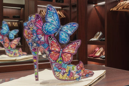 Beautiful Diamond Art table Topper of an Elegant High Heel Shoes with Colorful Butterflies