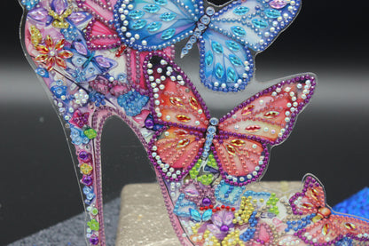 Beautiful Diamond Art table Topper of an Elegant High Heel Shoes with Colorful Butterflies