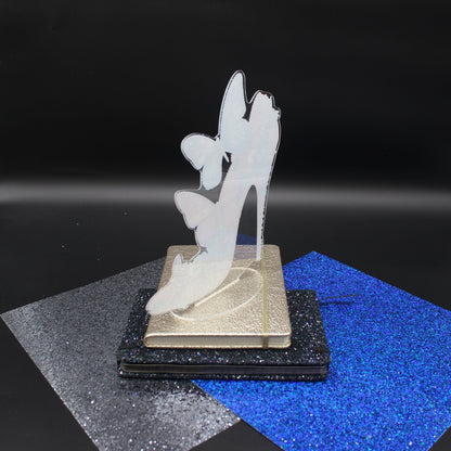 Beautiful Diamond Art table Topper of an Elegant High Heel Shoes with Colorful Butterflies