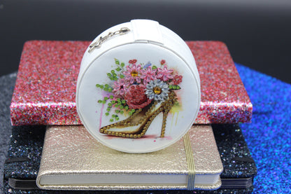 Diamond Art Round Jewelry Holder with a High Heel Shoe on it