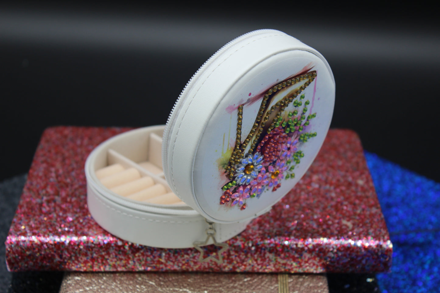Diamond Art Round Jewelry Holder with a High Heel Shoe on it