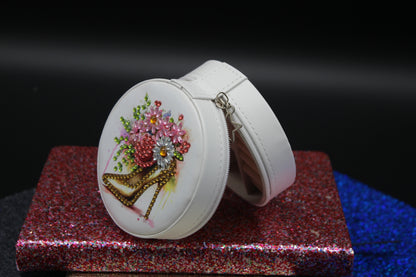 Diamond Art Round Jewelry Holder with a High Heel Shoe on it