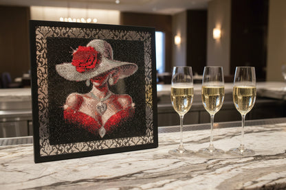 Gorgeous Diamond Art Lady in a Red Dress and Elegant Hat with a Heart of the Sea Gem around Her Neck