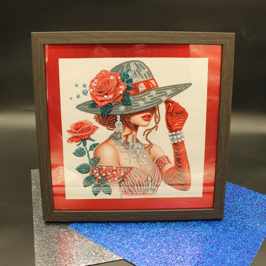 Gorgeous Diamond Art Lady in a Red Dress and Elegant Grey Hat