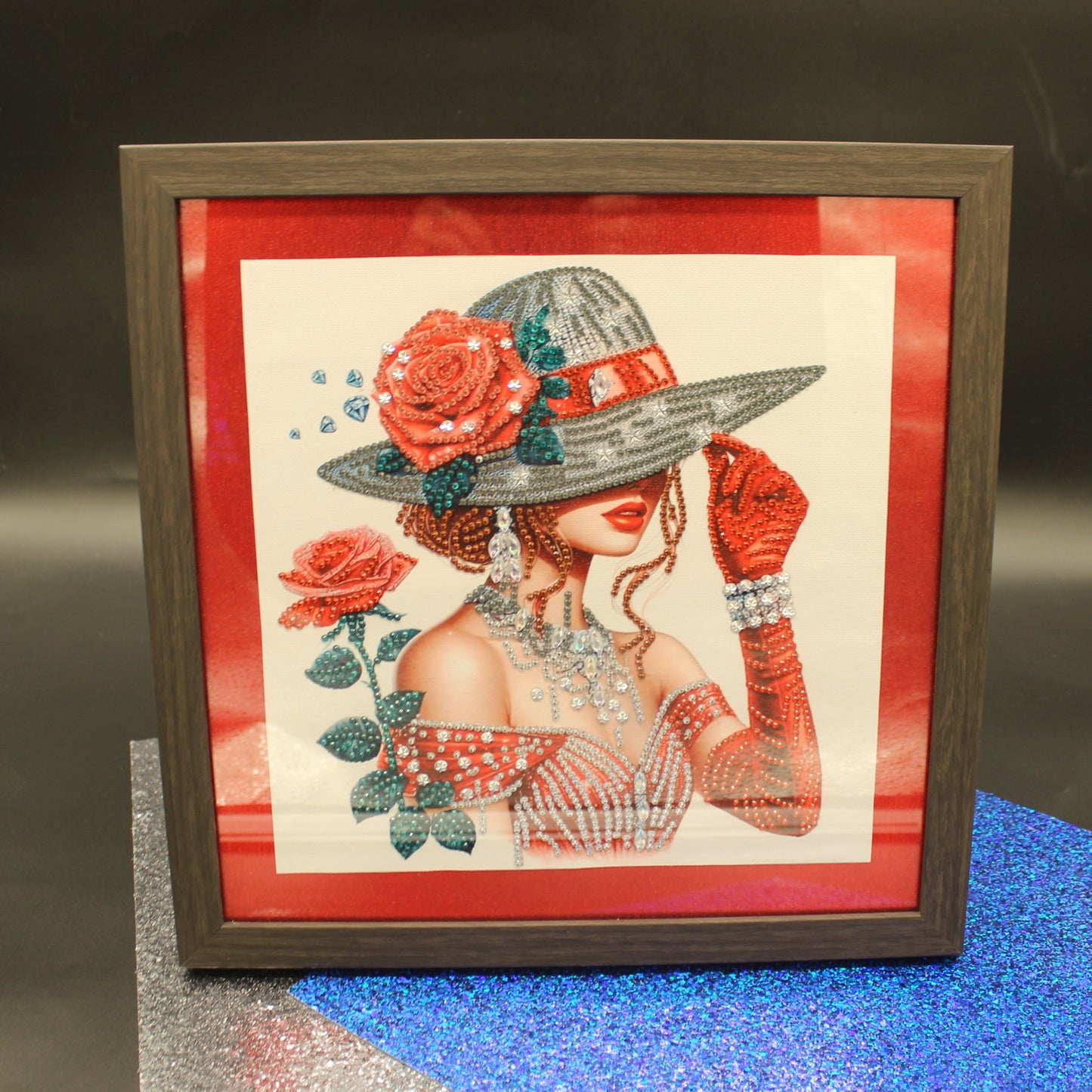 Gorgeous Diamond Art Lady in a Red Dress and Elegant Grey Hat