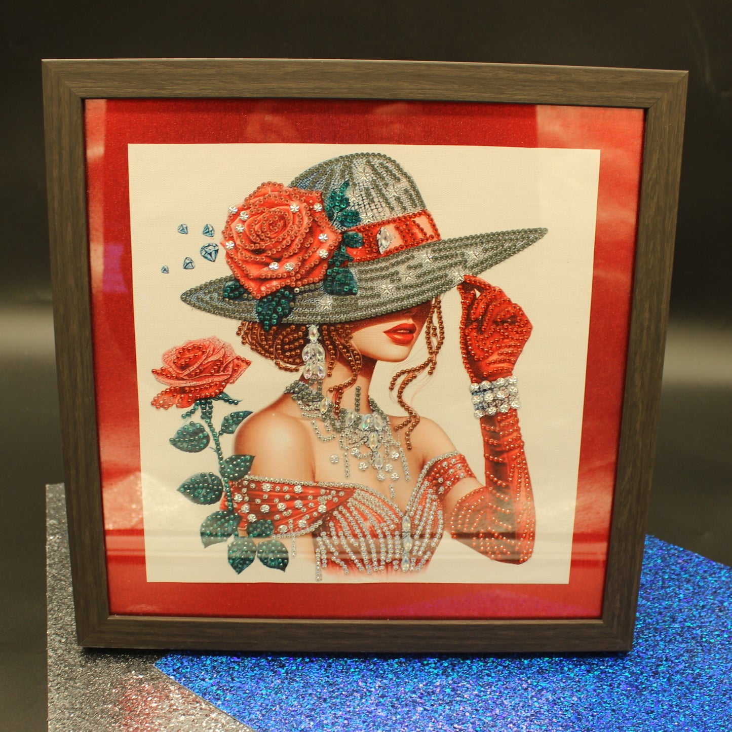 Gorgeous Diamond Art Lady in a Red Dress and Elegant Grey Hat