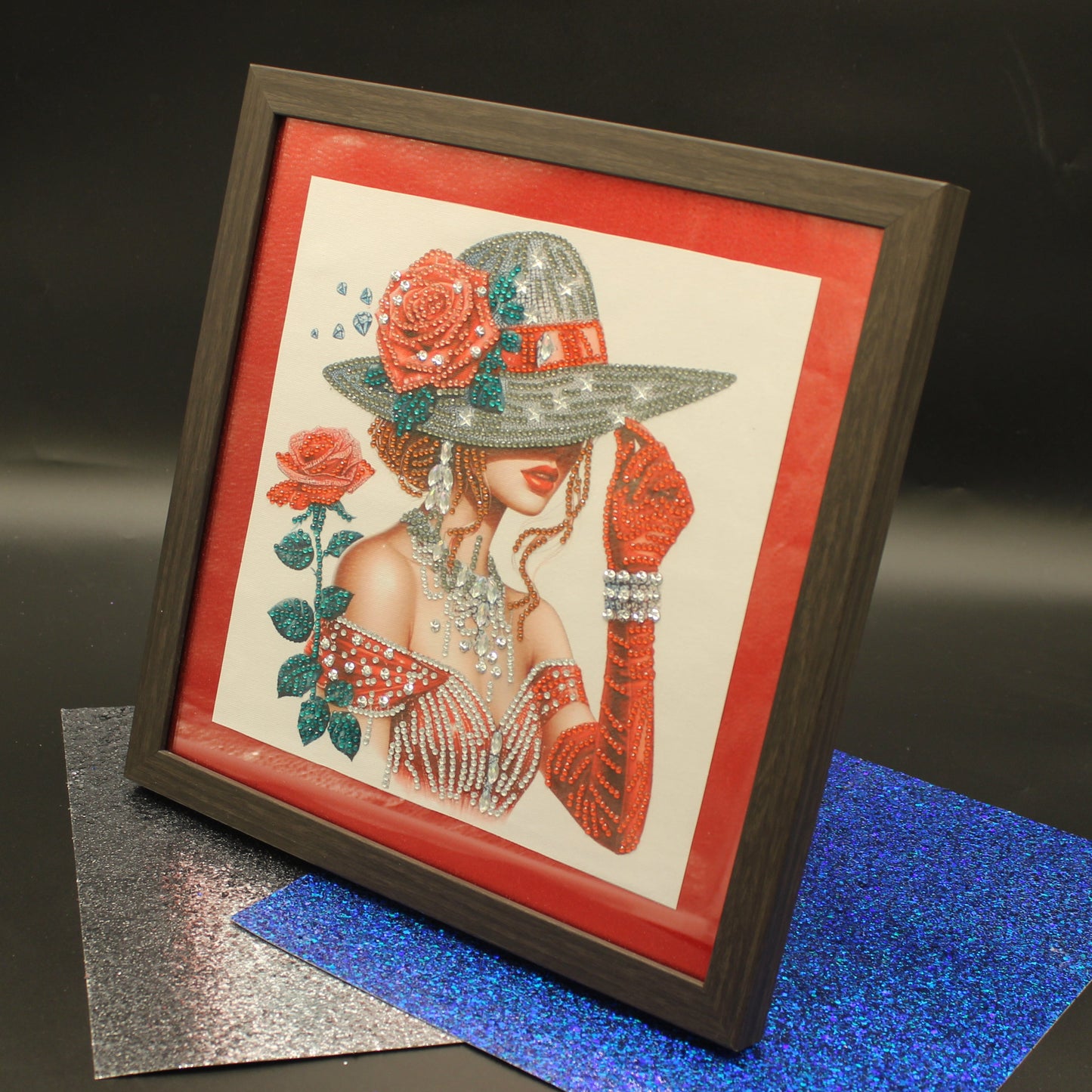 Gorgeous Diamond Art Lady in a Red Dress and Elegant Grey Hat