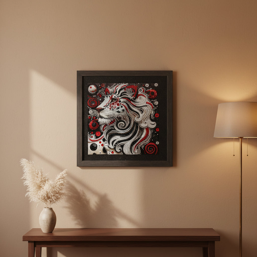 Gorgeous Diamond Art Picture of White Lion with Flowing Red and Silver Hair