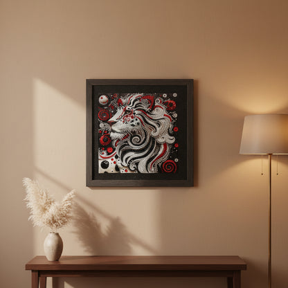 Gorgeous Diamond Art Picture of White Lion with Flowing Red and Silver Hair