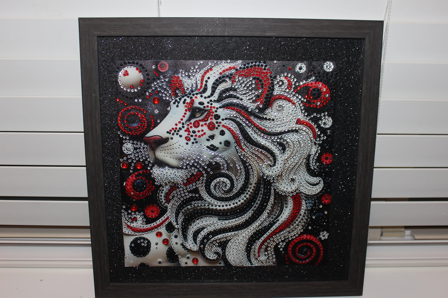 Gorgeous Diamond Art Picture of White Lion with Flowing Red and Silver Hair