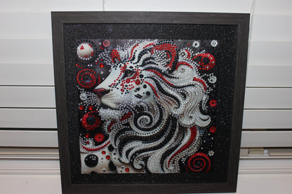 Gorgeous Diamond Art Picture of White Lion with Flowing Red and Silver Hair