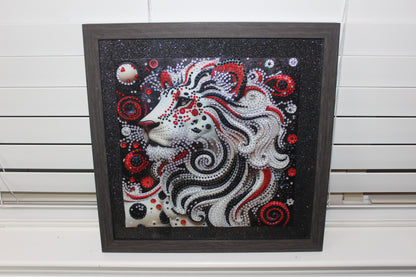 Gorgeous Diamond Art Picture of White Lion with Flowing Red and Silver Hair