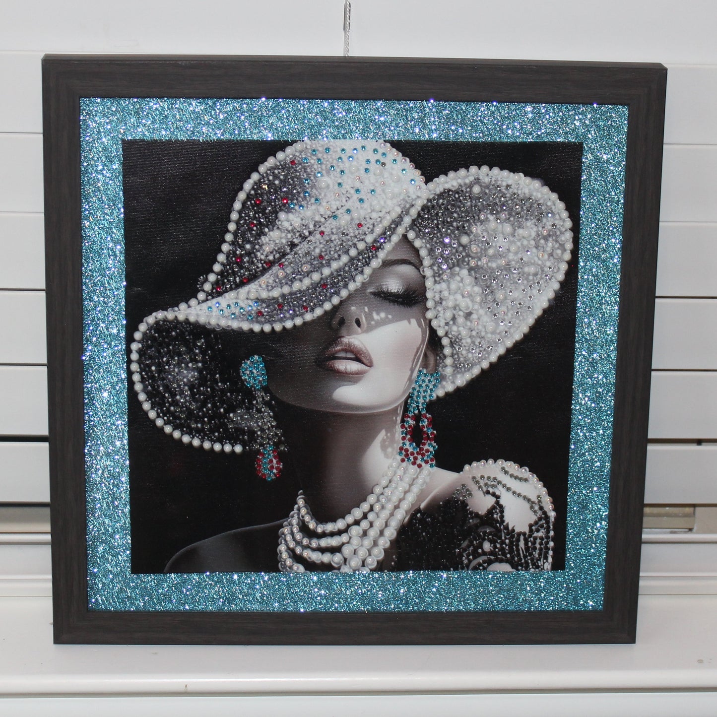 Gorgeous Diamond Art With a White Hat with Red and Teal Green Accents and Black Dress