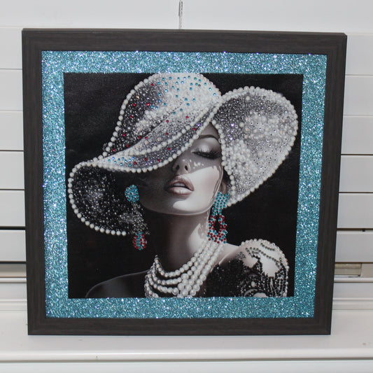 Gorgeous Diamond Art With a White Hat with Red and Teal Green Accents and Black Dress