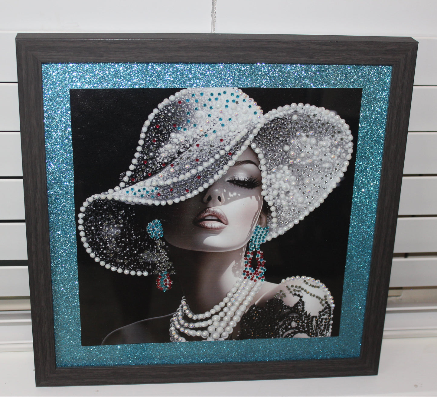 Gorgeous Diamond Art With a White Hat with Red and Teal Green Accents and Black Dress
