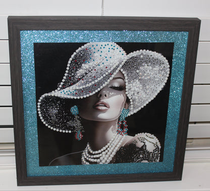 Gorgeous Diamond Art With a White Hat with Red and Teal Green Accents and Black Dress