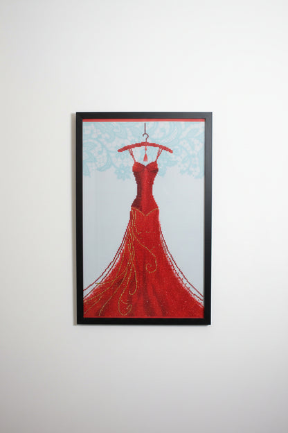 Gorgeous Diamond Art Red Dress Hanging on a Red Clothes Hanger