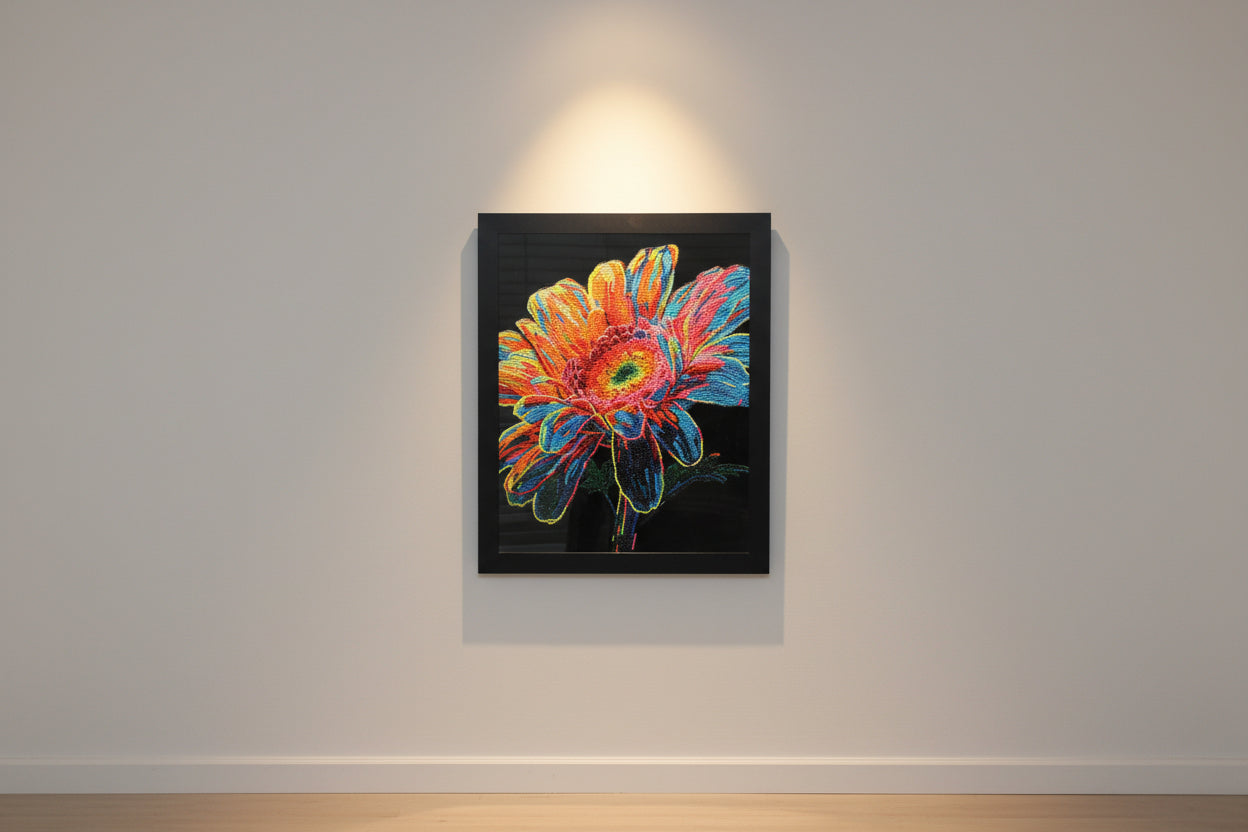 Gorgeous Diamond Art Multi colored Flower on Black Felt in a Wood Frame