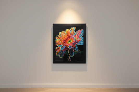 Gorgeous Diamond Art Multi colored Flower on Black Felt in a Wood Frame