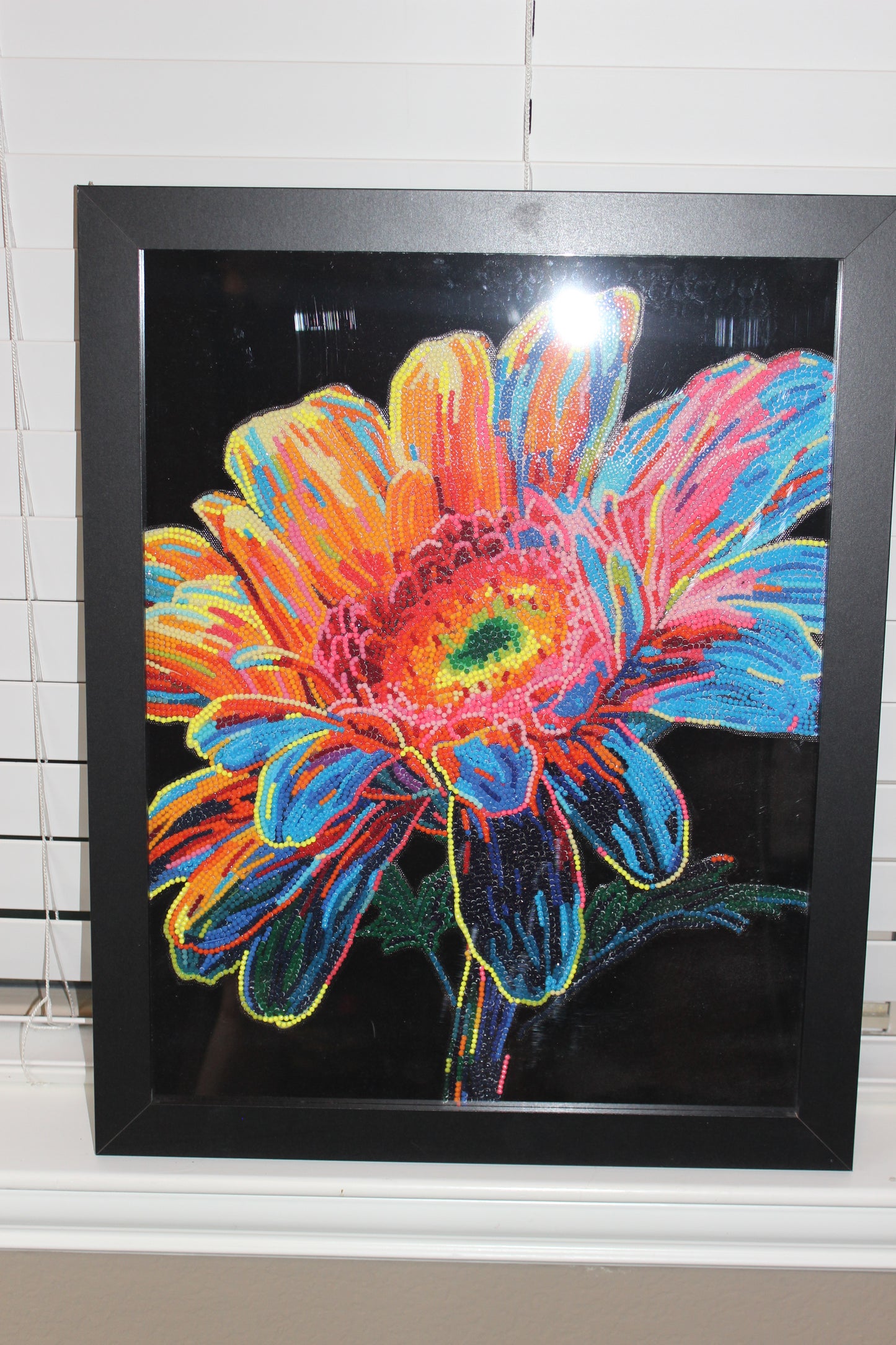 Gorgeous Diamond Art Multi colored Flower on Black Felt in a Wood Frame