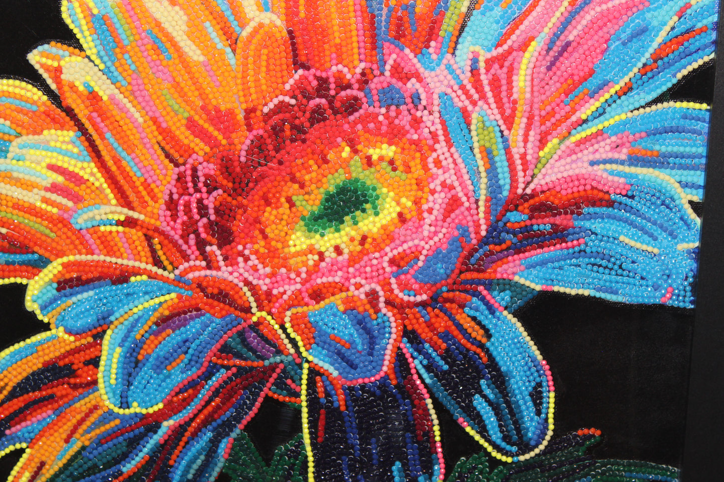 Gorgeous Diamond Art Multi colored Flower on Black Felt in a Wood Frame
