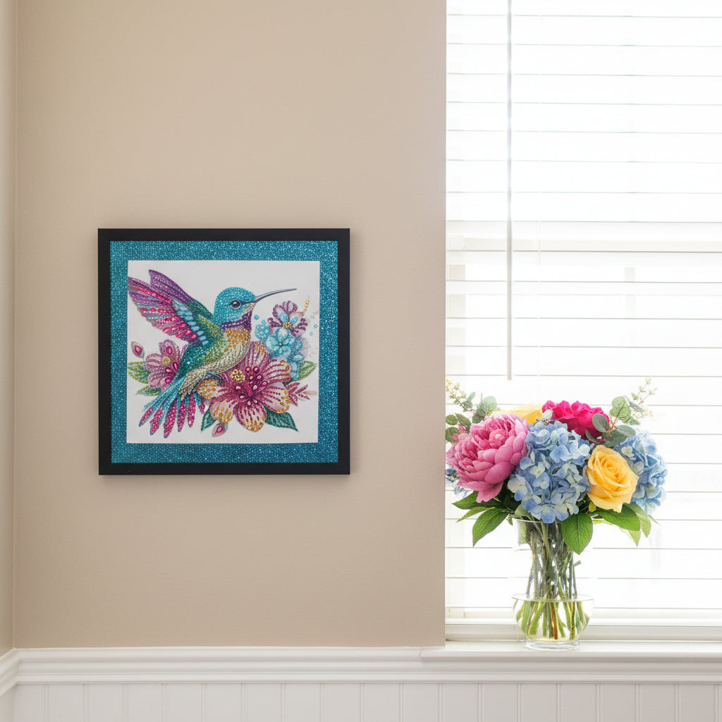 Gorgeous Diamond Art Framed Picture of Colorful Hummingbird