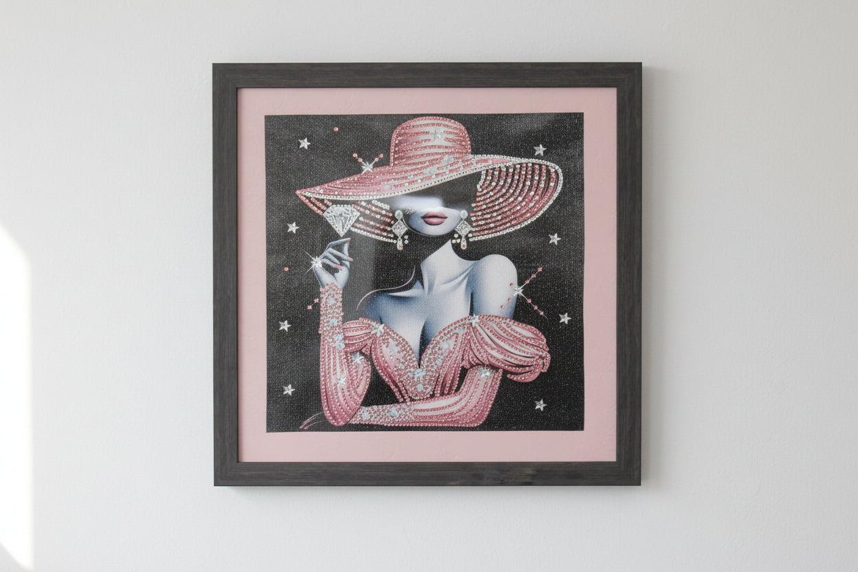 Diamond Art Picture of Gorgeous Pink Dress and Hat and Diamonds