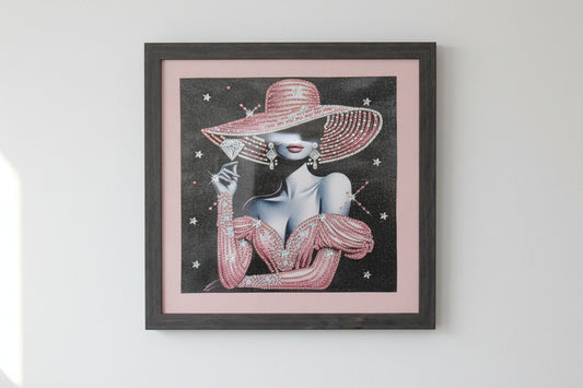 Diamond Art Picture of Gorgeous Pink Dress and Hat and Diamonds