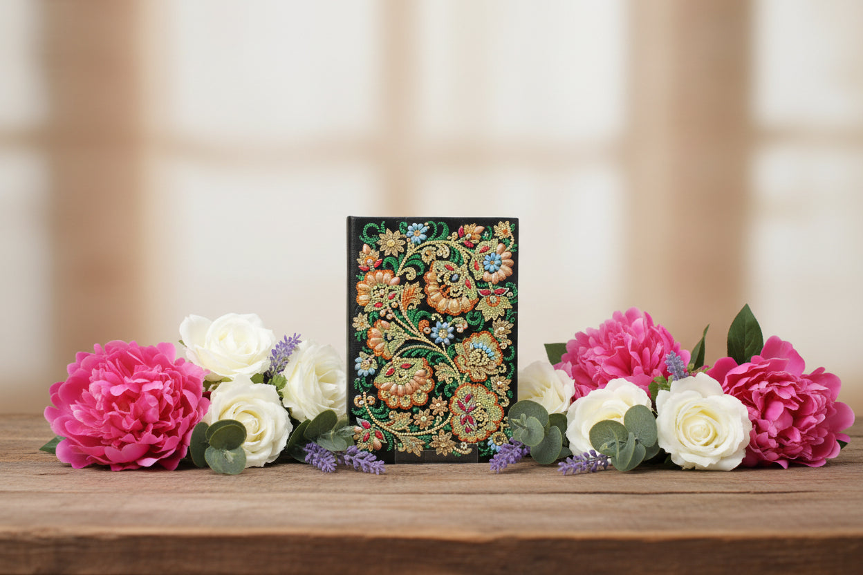Diamond Art Journal With Gorgeous Multi Colored Flower with Yellows and Greens and Sparkly Things