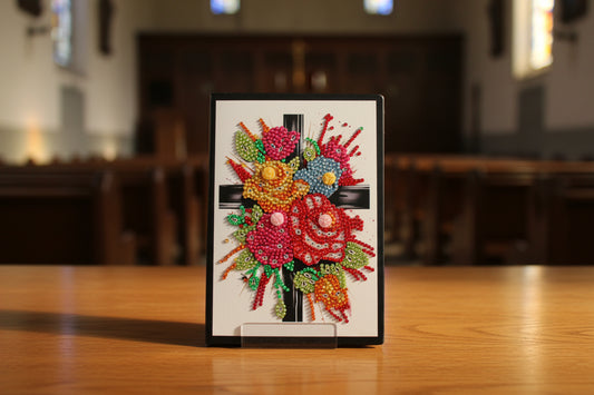 Diamond Art Journal With Multi Colored Flower Adorned to a Cross