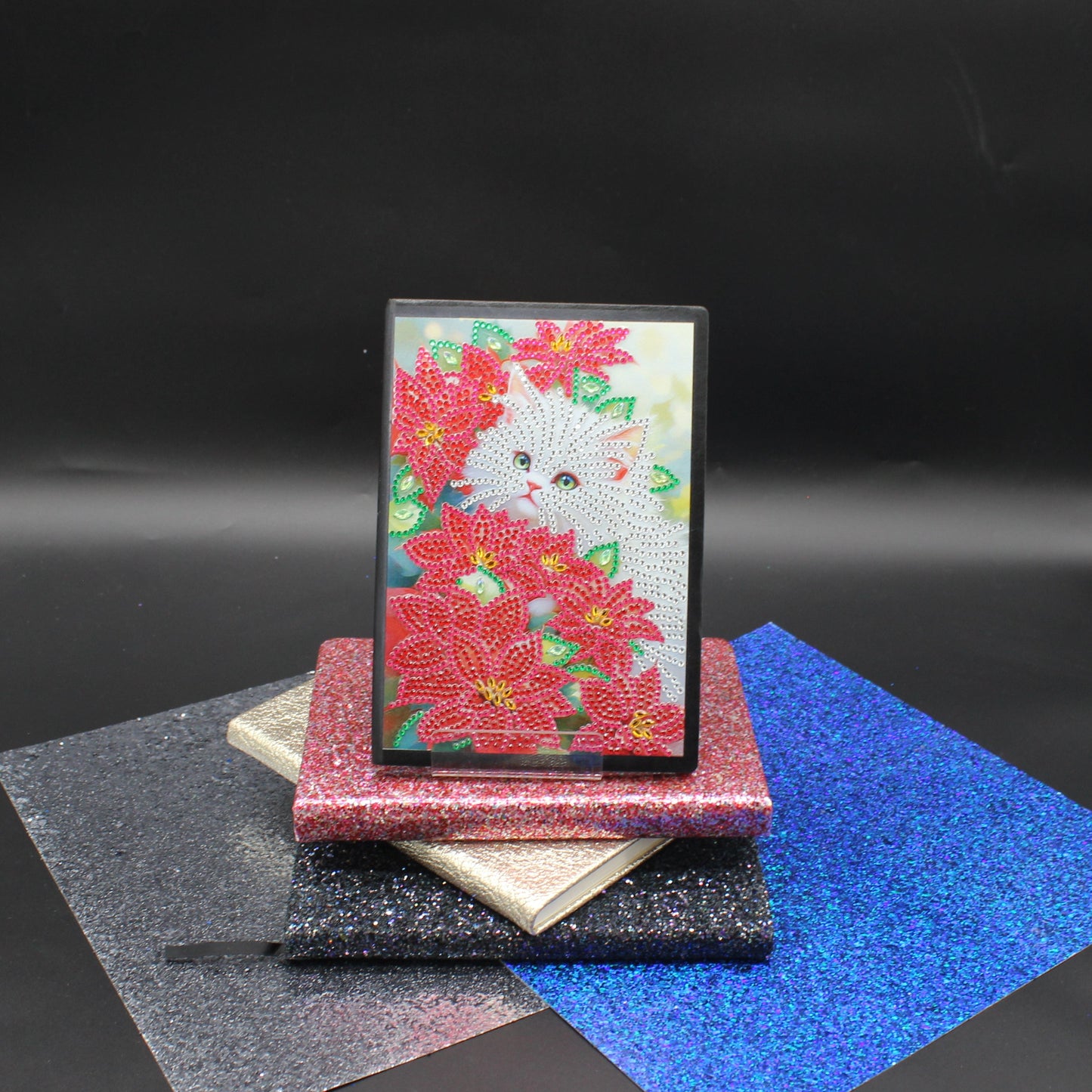 Diamond Art Journal with a cute little white Cat sitting amongst multi colored flowers