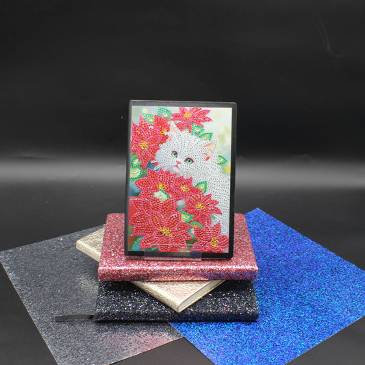 Diamond Art Journal with a cute little white Cat sitting amongst multi colored flowers