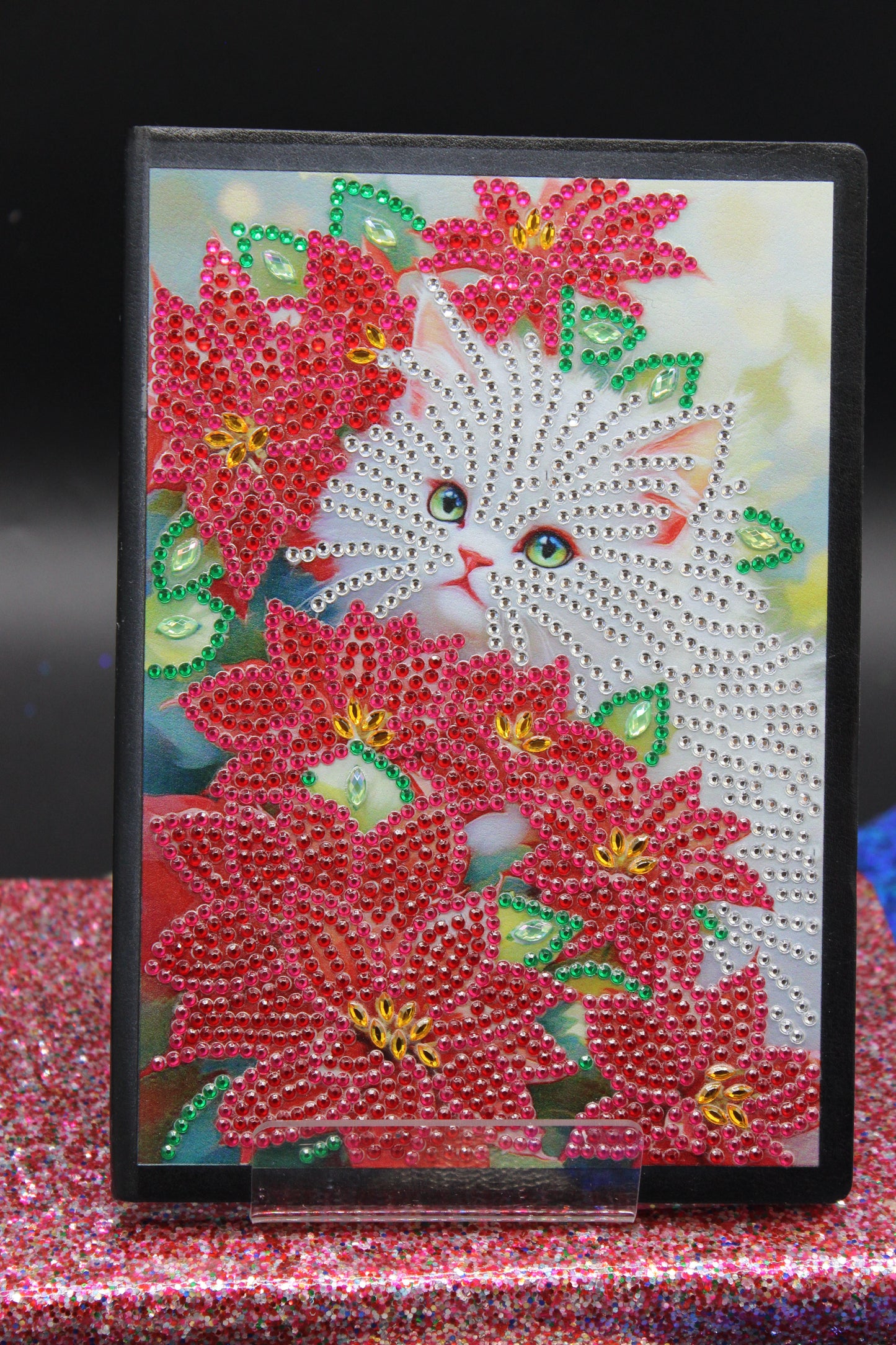Diamond Art Journal with a cute little white Cat sitting amongst multi colored flowers